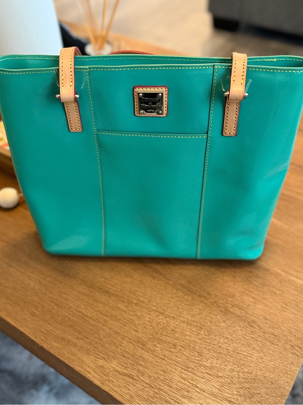 Dooney & Bourke Teal Tote with Natural Leather Straps